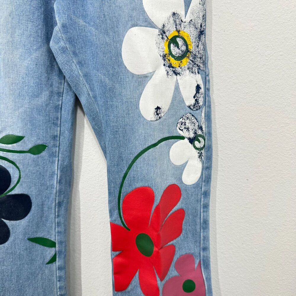 Misslook Floral Painted Denim Bib Overalls Festival Quirky Women's Size Small - Picture 7 of 12